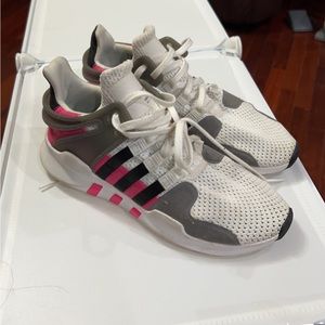 White, grey, and pink Adidas running shoes, size 5 1/2 womens